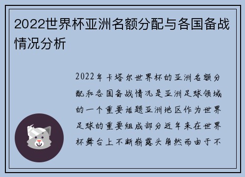 2022世界杯亚洲名额分配与各国备战情况分析